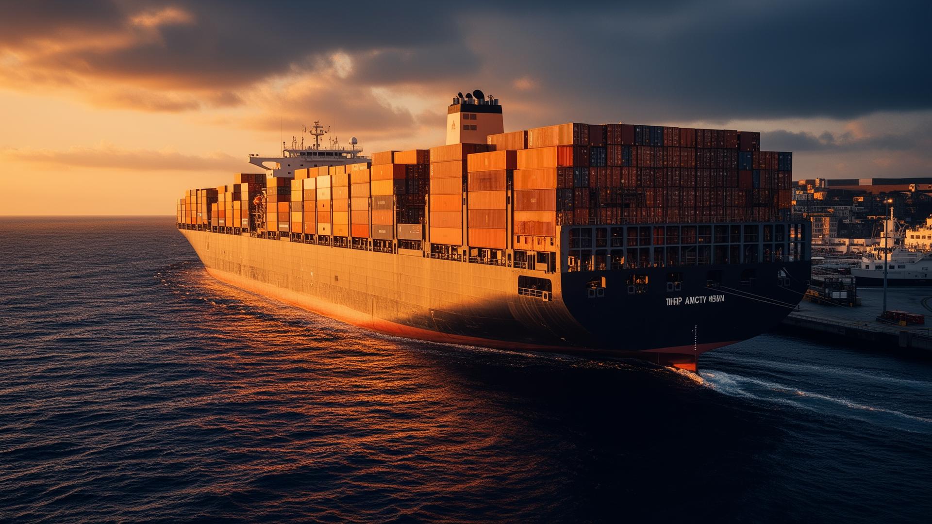 Container ship at the Port of Mombasa at golden hour